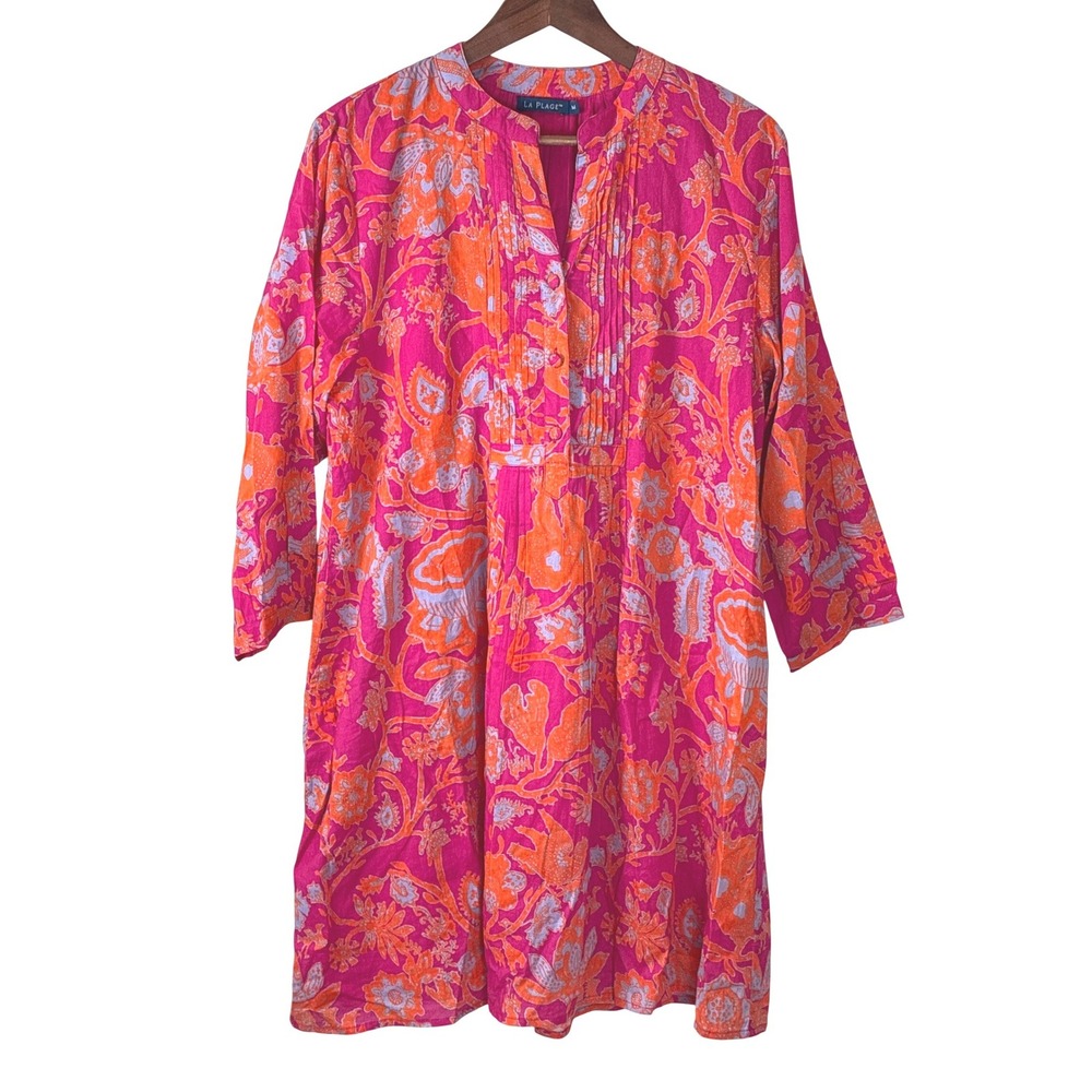 La Plage Dress Pink Orange Medium Boho 3/4 Sleeve Pockets Beach Vacation Resort